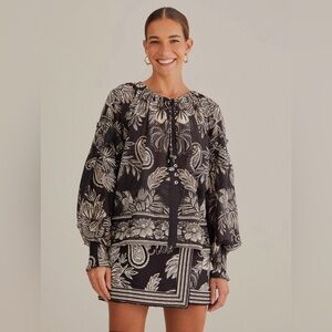 NWOT Women's‎ Farm Rio Black Paisley Bloom Blouse Size XS Lightweight Beaded Tie